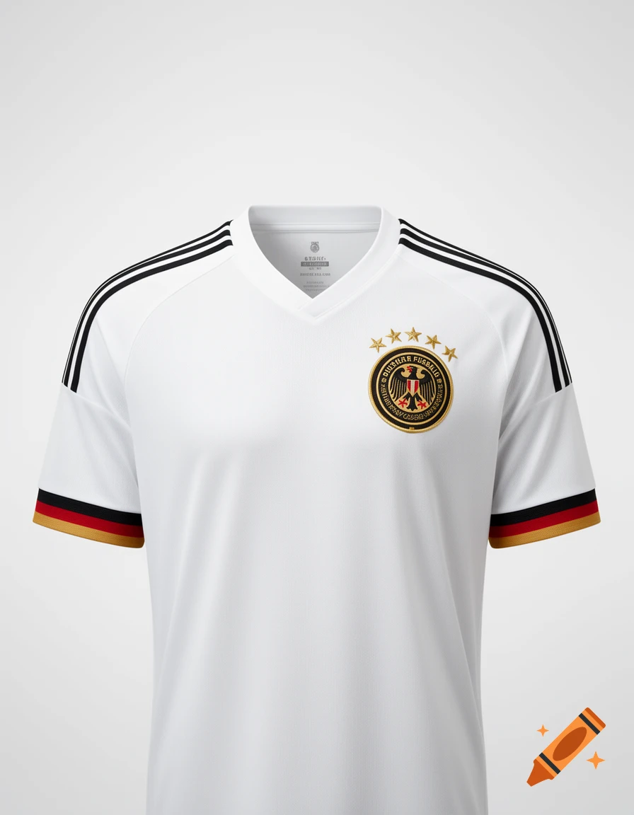 White German national football team home jersey with black stripes on shoulders, a national emblem with stars, and red, black, and gold cuff details.
