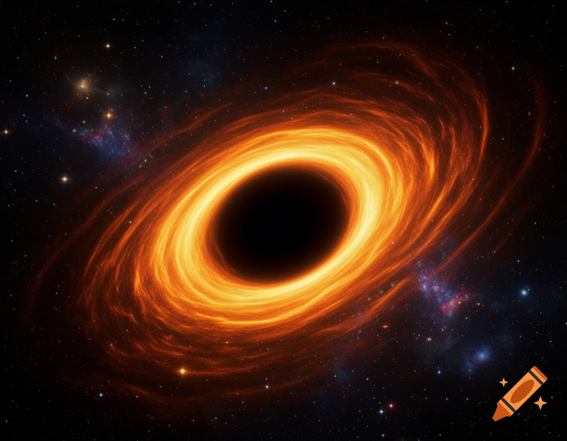 A vibrant orange and yellow black hole with a swirling accretion disk, set against a dark, star-filled cosmic background with nebulae.