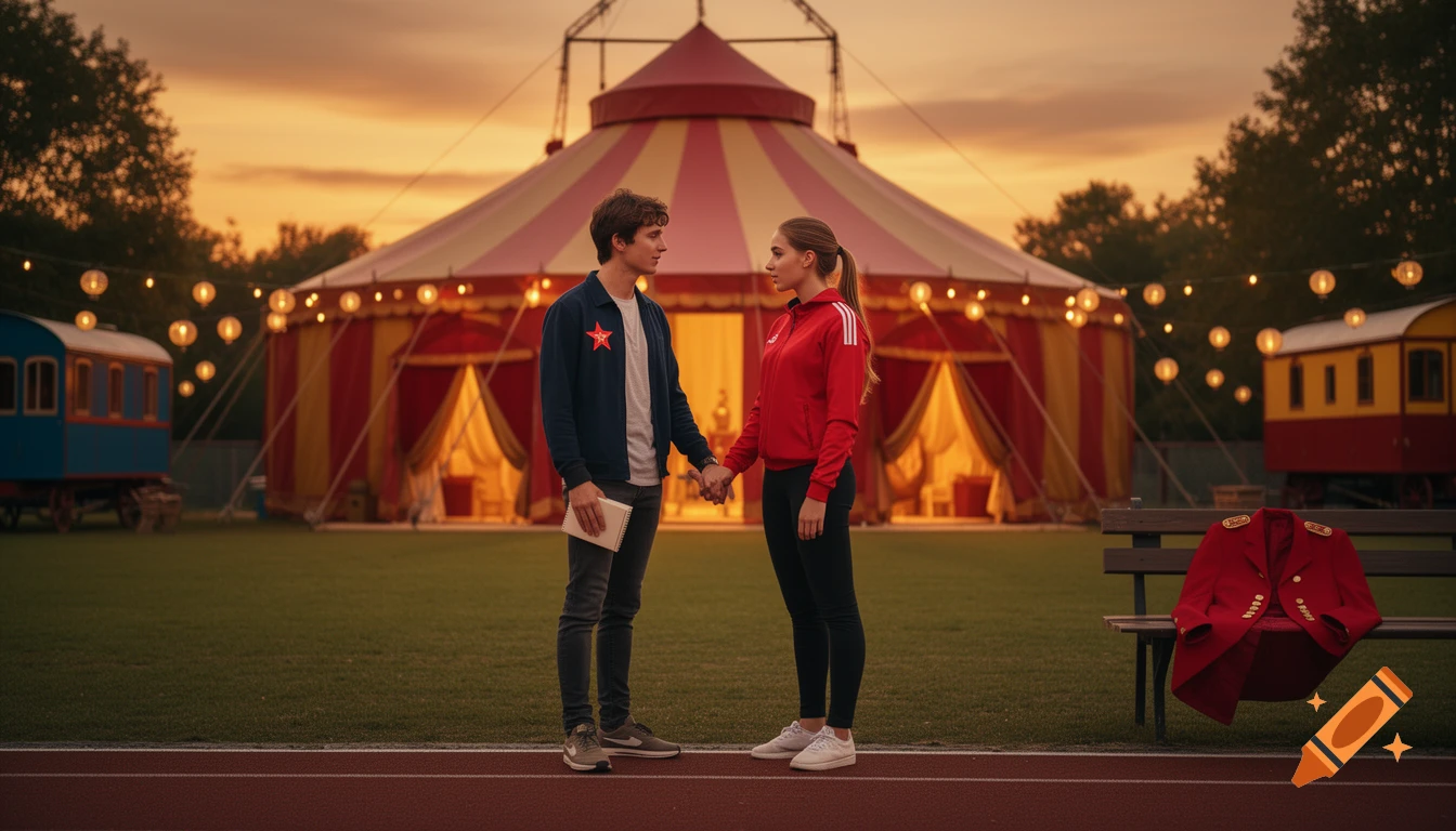 A young couple holds hands on a sports field at sunset, with a large illuminated circus tent and lanterns in the background.