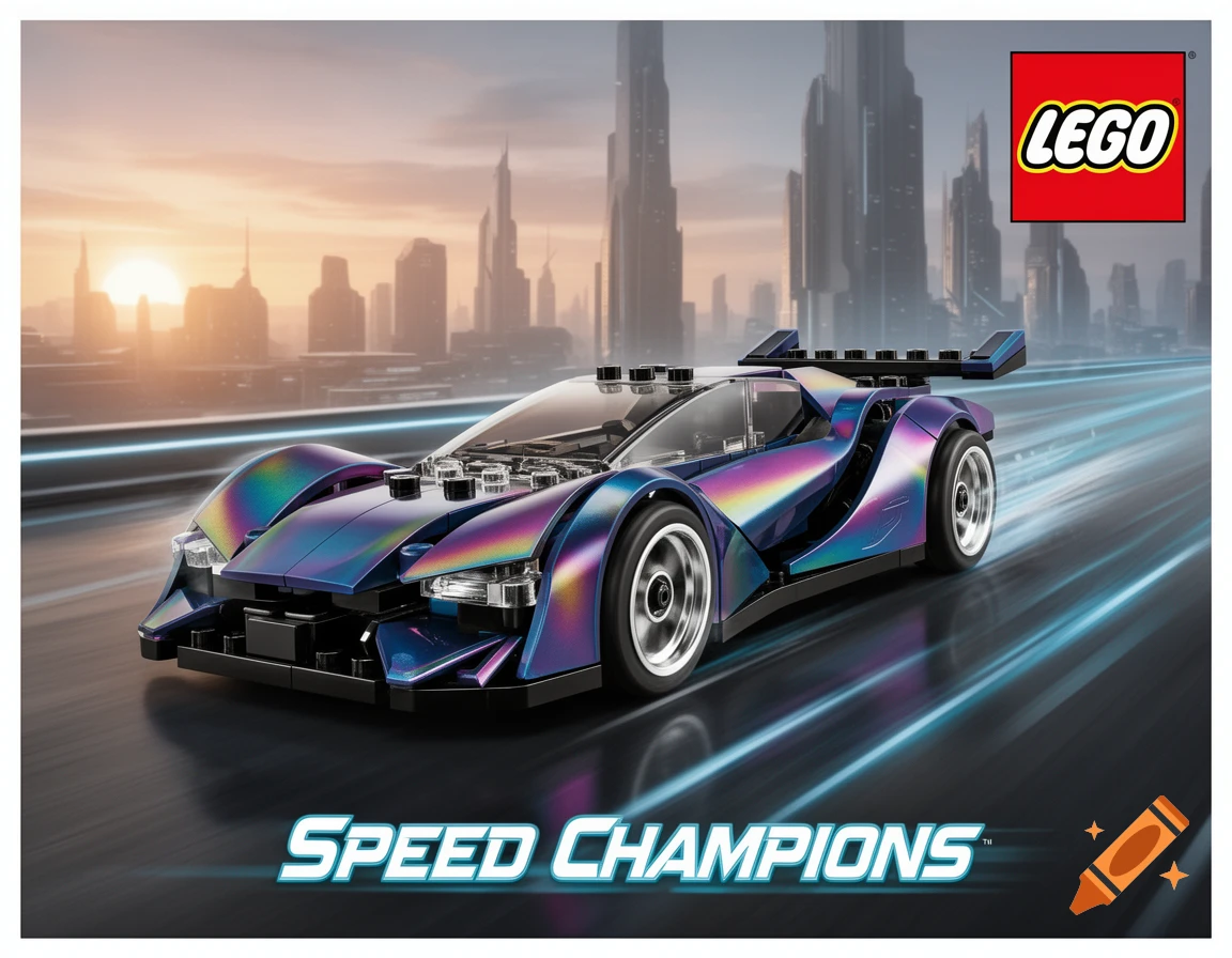 Vibrant iridescent Lego Speed Champions car on a futuristic road with city skyline at sunset, with 'LEGO' and 'SPEED CHAMPIONS' branding.