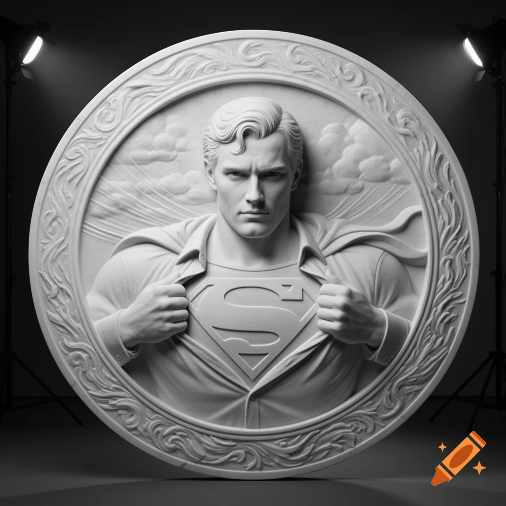 A white bas-relief sculpture of Superman tearing open his shirt to reveal the 'S' shield, set in a round, ornate frame.