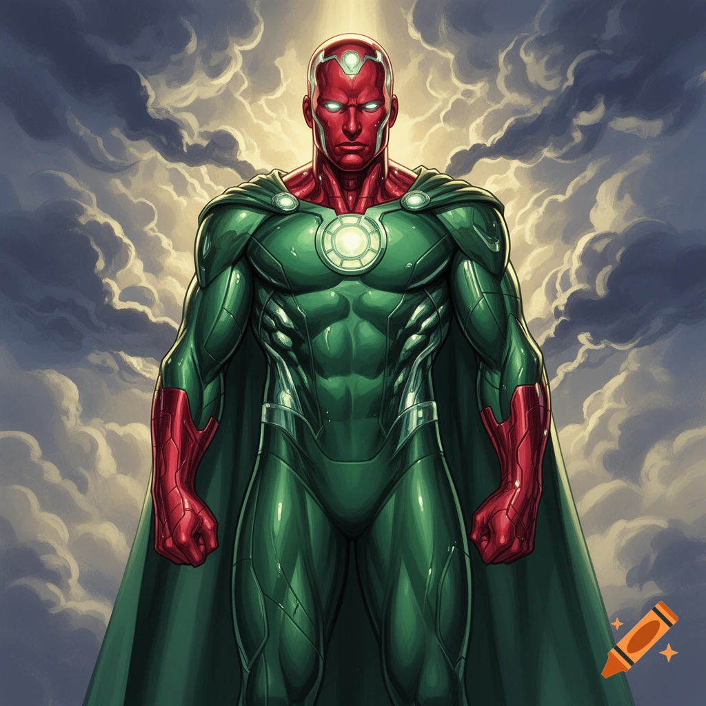 Vision, a Marvel superhero with a red face, green and red suit, and green cape, stands against a cloudy sky in Alex Ross style comic art.