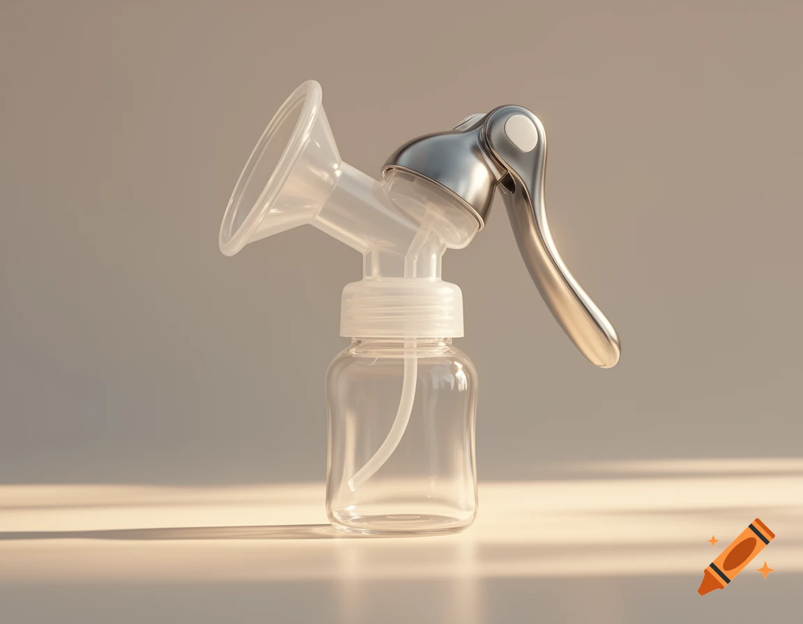 Photorealistic breast milk extractor with a clear glass bottle and a silver hand-operated pump.