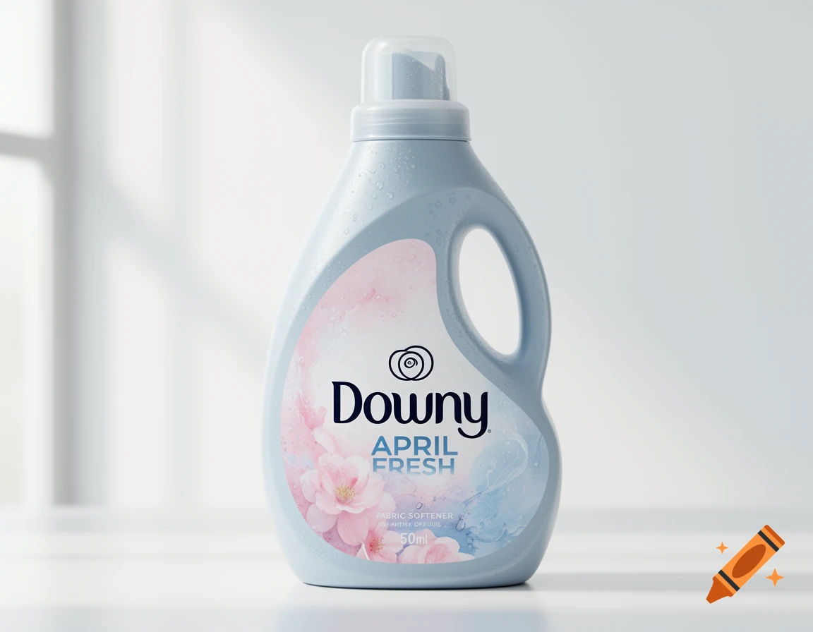 Photorealistic image of a light blue Downy April Fresh fabric softener bottle with a floral label, covered in water droplets.