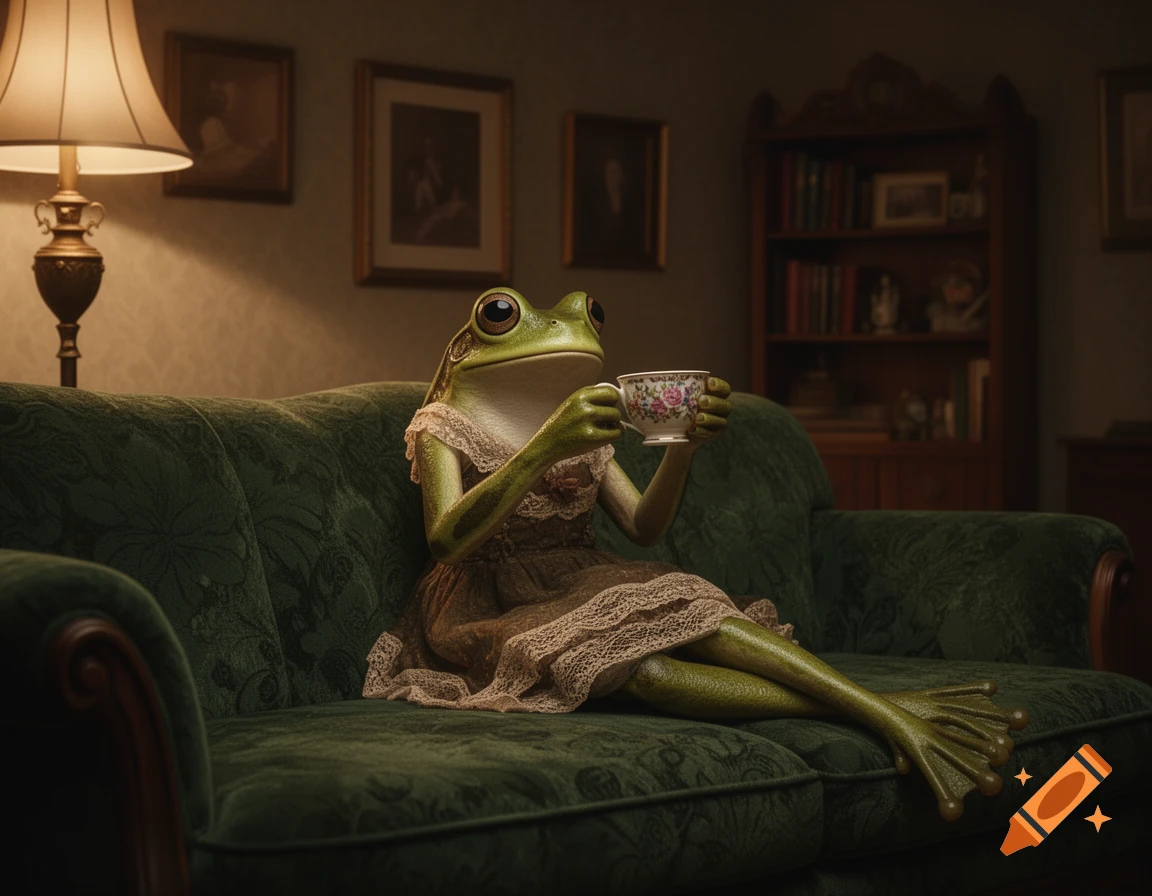 A photorealistic frog in a vintage dress sits elegantly on a green sofa, holding a teacup.