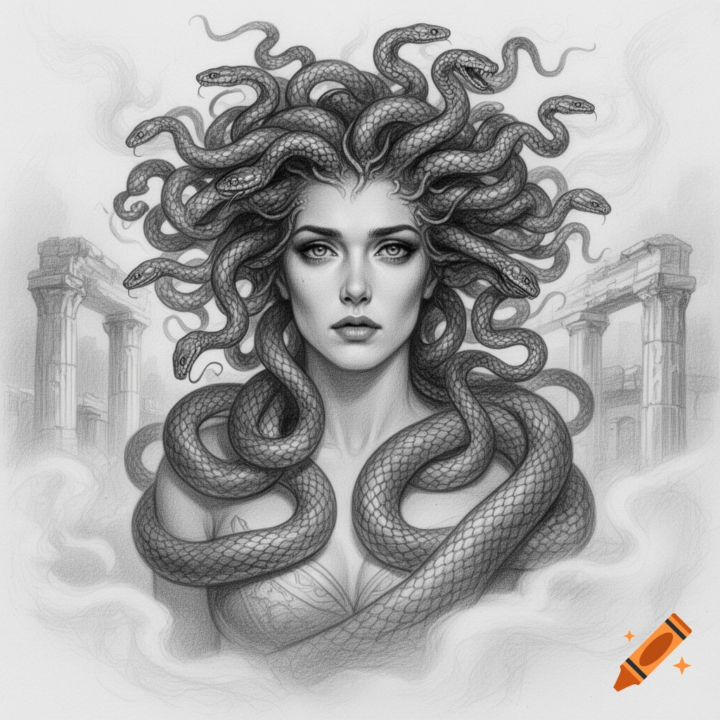 Pencil drawing of Medusa with snakes as hair, set against ancient ruins and clouds.
