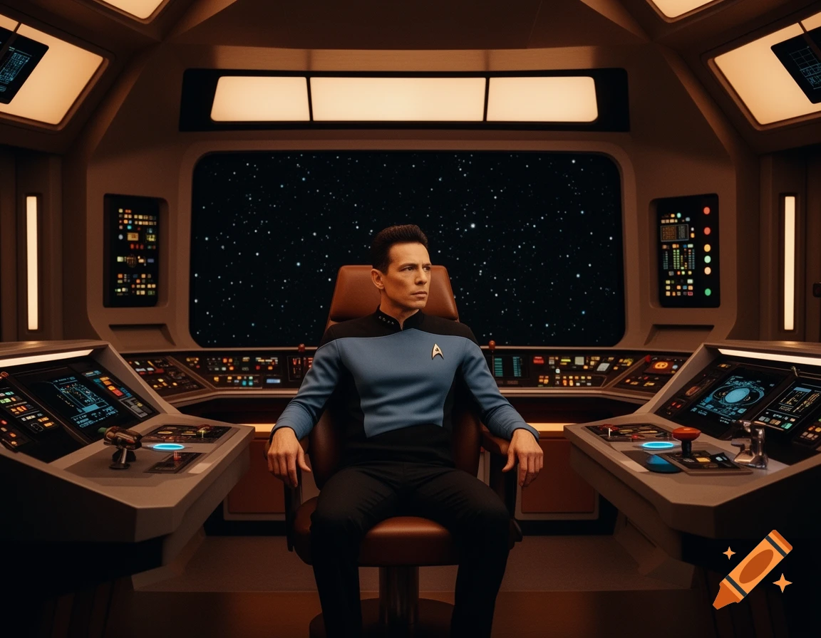 A man in a blue Starfleet-style uniform sits in the captain's chair of a futuristic spaceship cockpit, gazing out at stars.