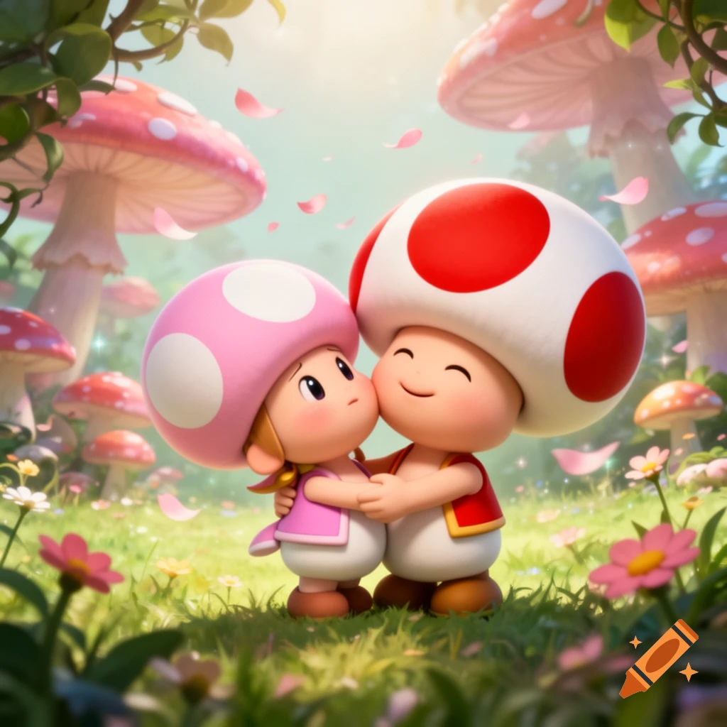 Toadette kisses Toad's cheek as they embrace in a whimsical, sunny mushroom forest with falling pink petals and flowers.