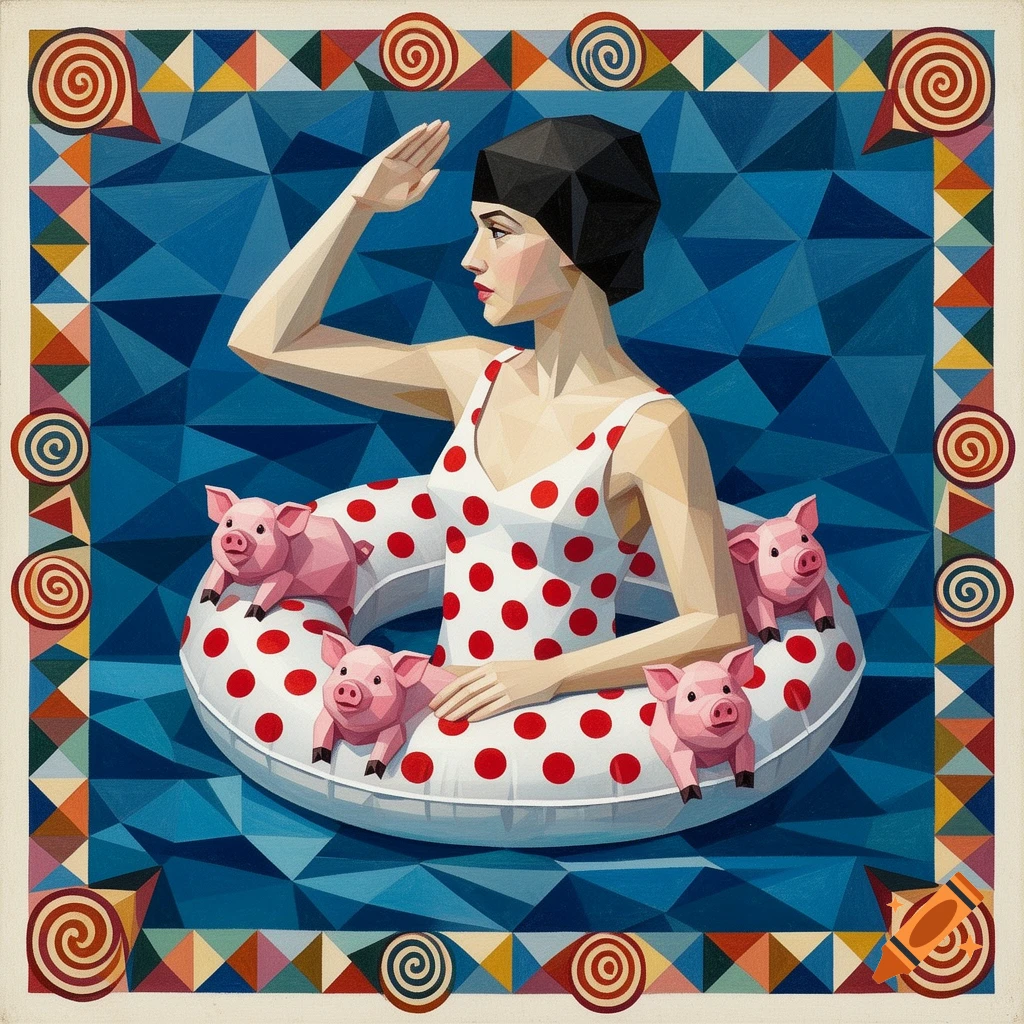 Cubist painting of a woman in a polka-dot swimsuit and swim cap in a pool ring with pink cubist pigs, looking left.