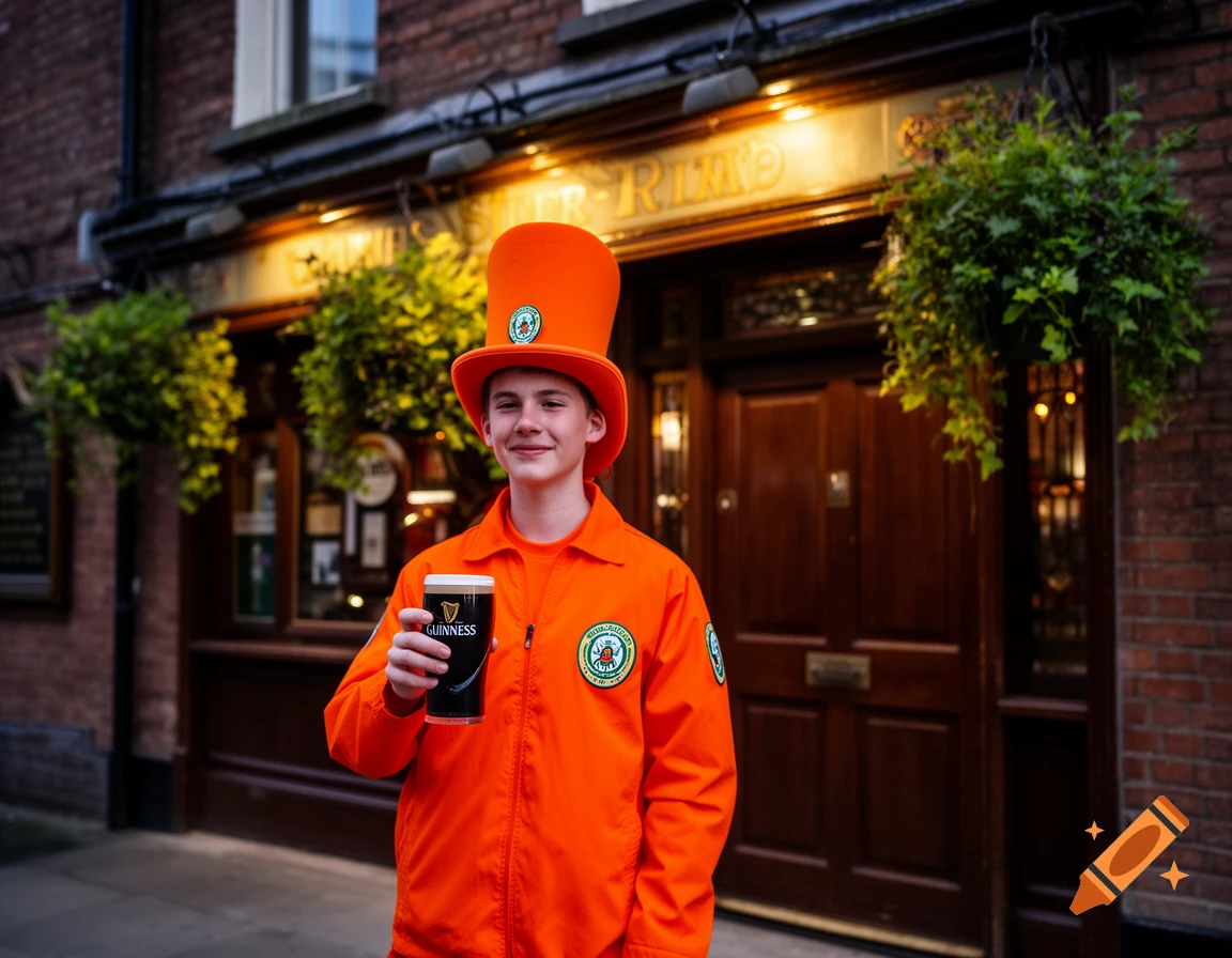 A smiling boy in an orange uniform and tall hat holds a glass of Guinness in front of an Irish pub.