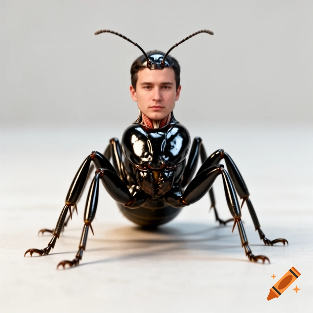 A photorealistic image of a human head attached to the glossy black body of an ant, standing on a white background.