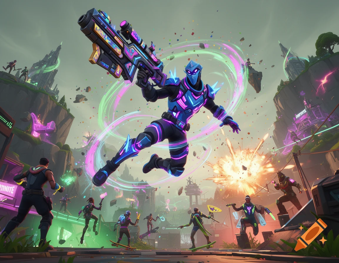 A vibrant Fortnite-style combat scene with a central warrior in blue and purple neon armor flying, holding a large rifle, amidst explosions and other fighters on floating platforms.