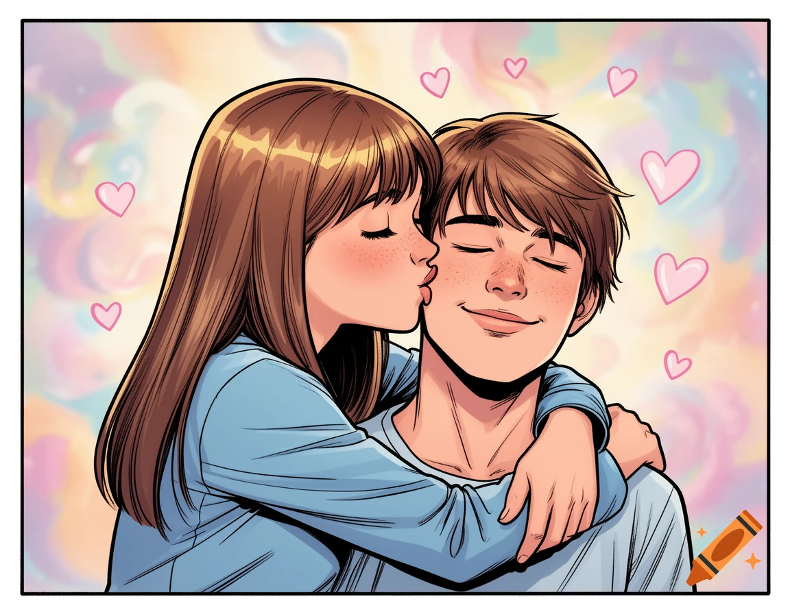 Comic book illustration of a girl with long brown hair kissing a boy with short brown hair on the cheek, with hearts floating in the background.