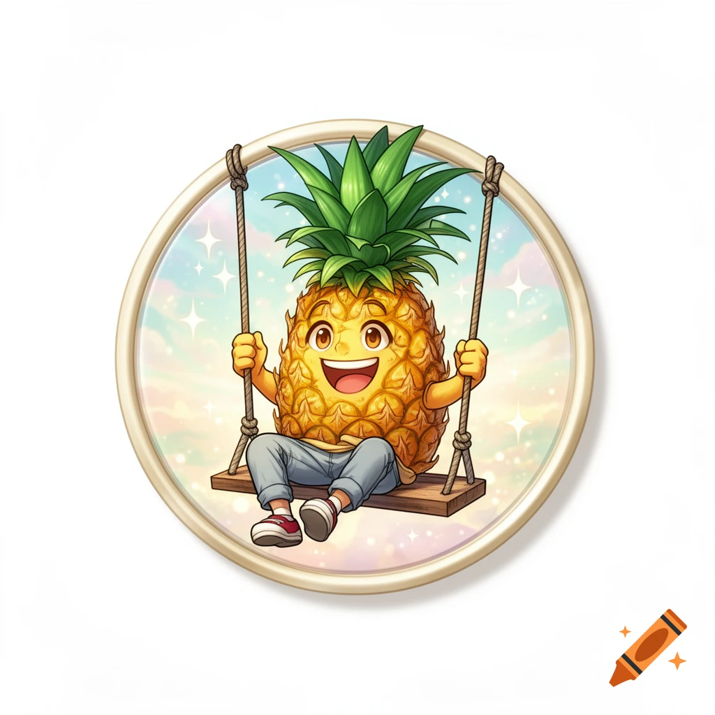 Manga-style cartoon pineapple character in blue jeans, smiling while sitting on a wooden swing within a circular frame with sparkling background.