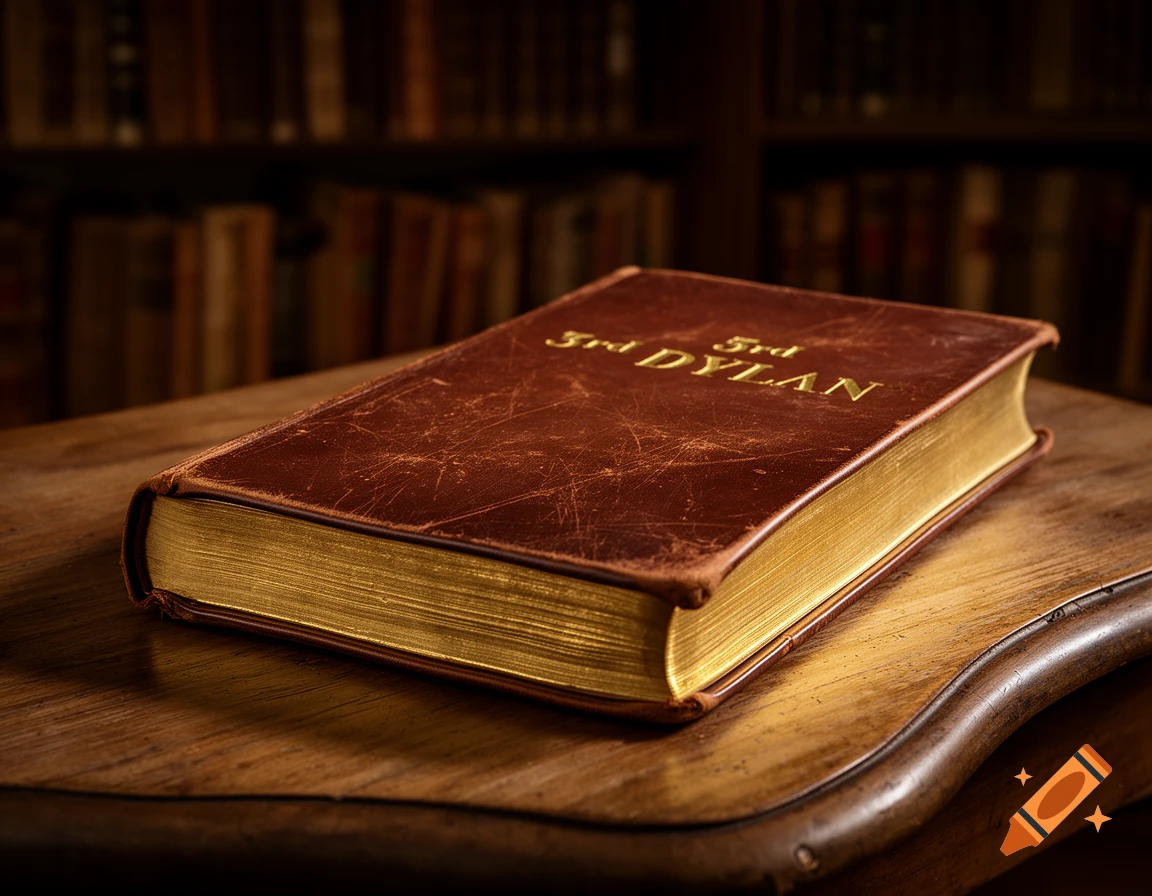 A brown leather-bound book with gold lettering "3rd DYLAN" on its cover, lying on a wooden table in a dimly lit library.