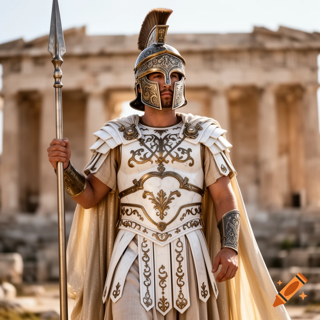 A man in ornate white and gold ancient Greek-style armor and a feathered helmet holds a spear, standing before ancient ruins.