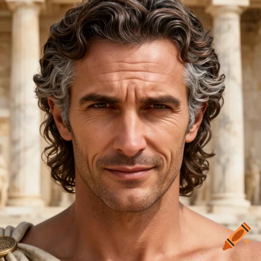 Photorealistic close-up portrait of a man with curly brown and gray hair, furrowed brow, and stubble, wearing a toga against classical columns.