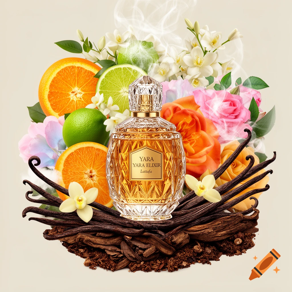 A decorative perfume bottle labeled "Yara Yara Elixir Lattafa" is surrounded by sliced oranges and limes, pink and orange roses, white jasmine, vanilla beans, and vanilla orchids, against a light background with subtle wisps of scent.
