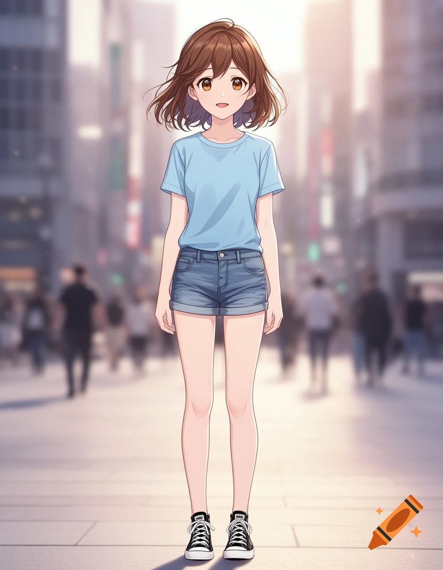 An anime girl with brown hair and eyes, wearing a light blue t-shirt, jean shorts, and black sneakers, standing on a city street.