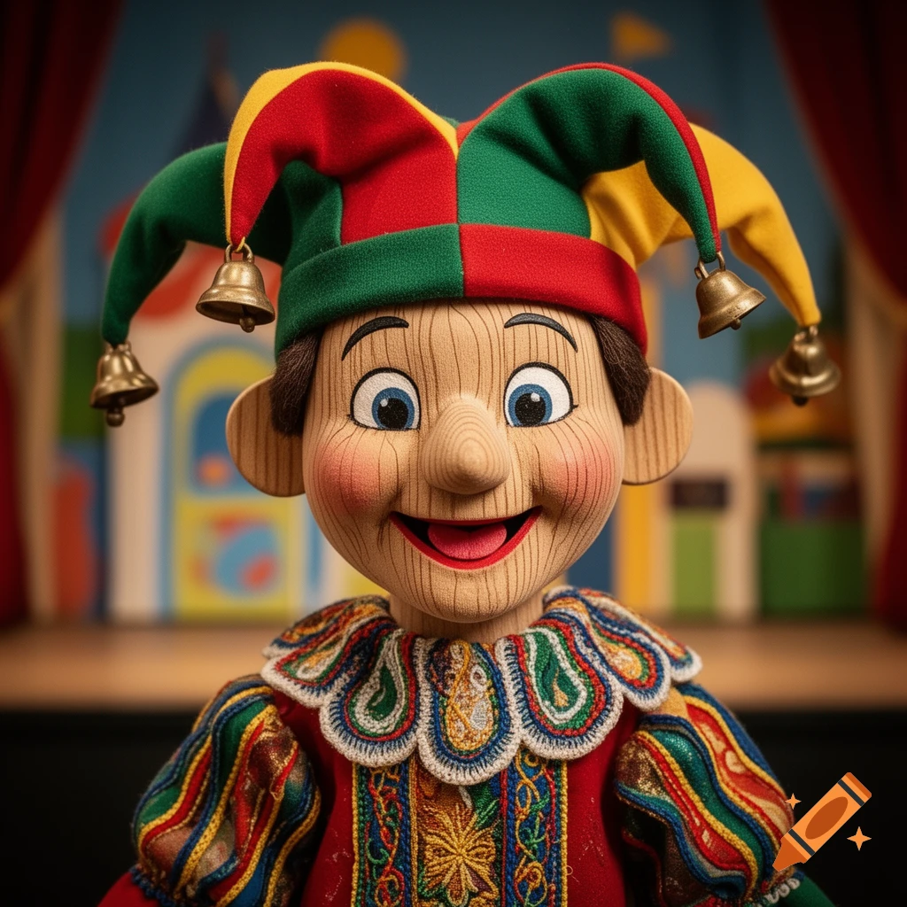 Close-up of a cheerful wooden puppet with blue eyes, rosy cheeks, wearing a colorful jester hat with bells and an embroidered costume.