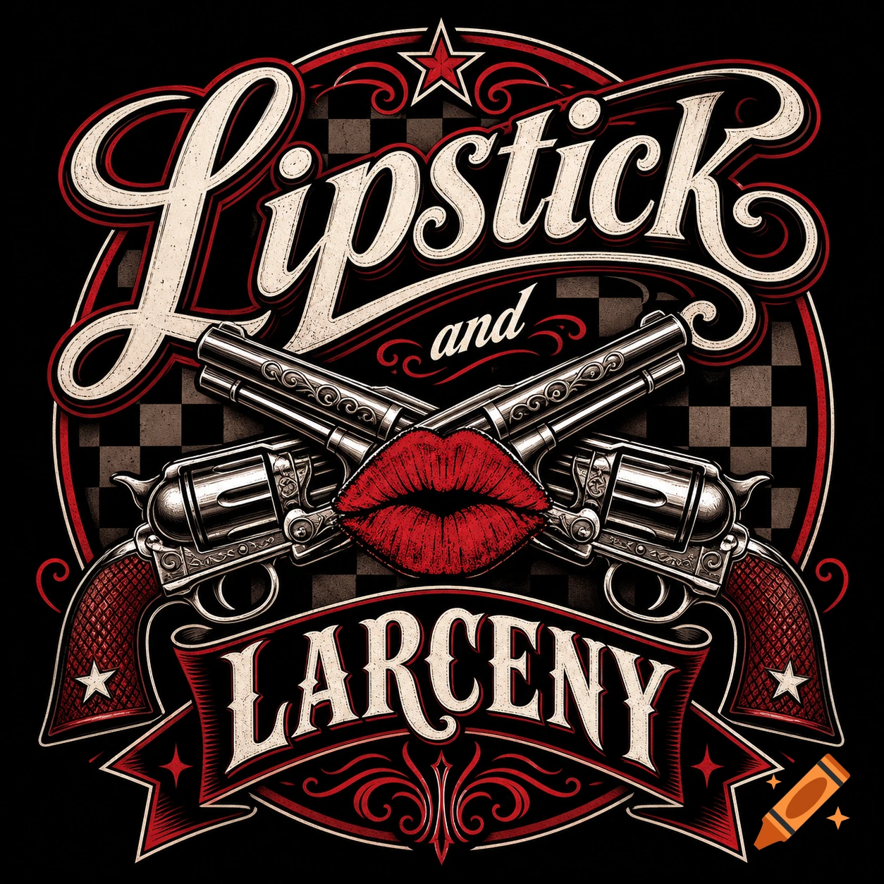 Rockabilly style band logo featuring "Lipstick and Larceny" text, crossed revolvers, and a pair of red lips.