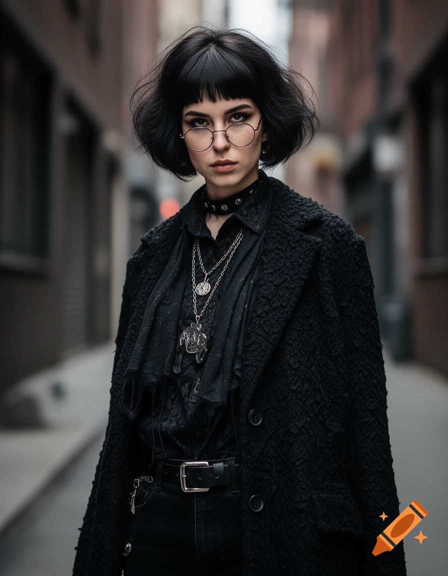 A serious woman with a black bob and round glasses wears a dark gothic outfit in an urban alley.