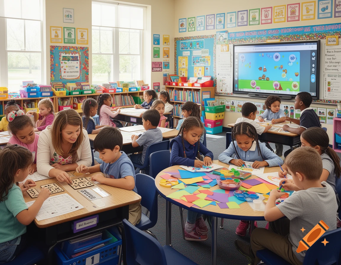 A diverse group of elementary school children engaged in various learning activities with their teacher in a bright, colorful classroom.