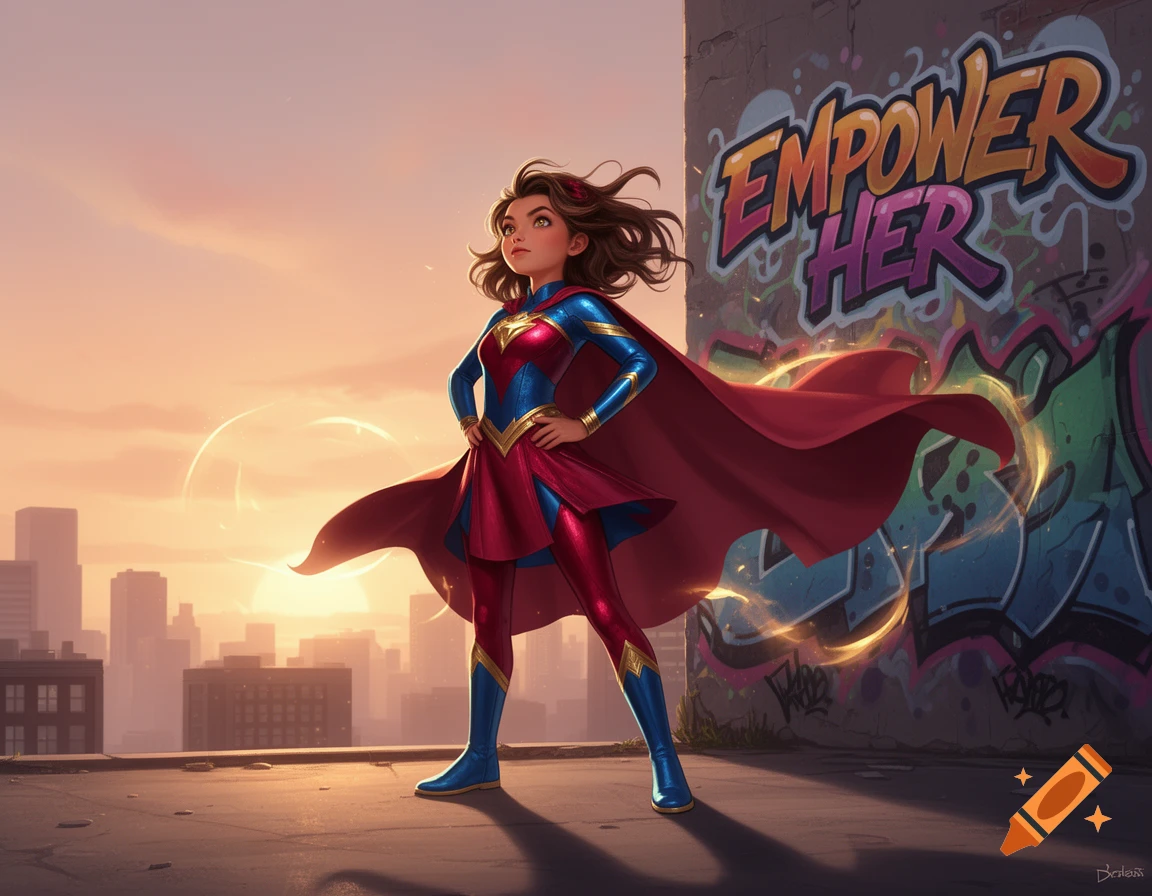 A superhero girl in a red and blue suit with a flowing cape stands on a city rooftop at sunset, next to a wall with 'EMPOWER HER' graffiti.