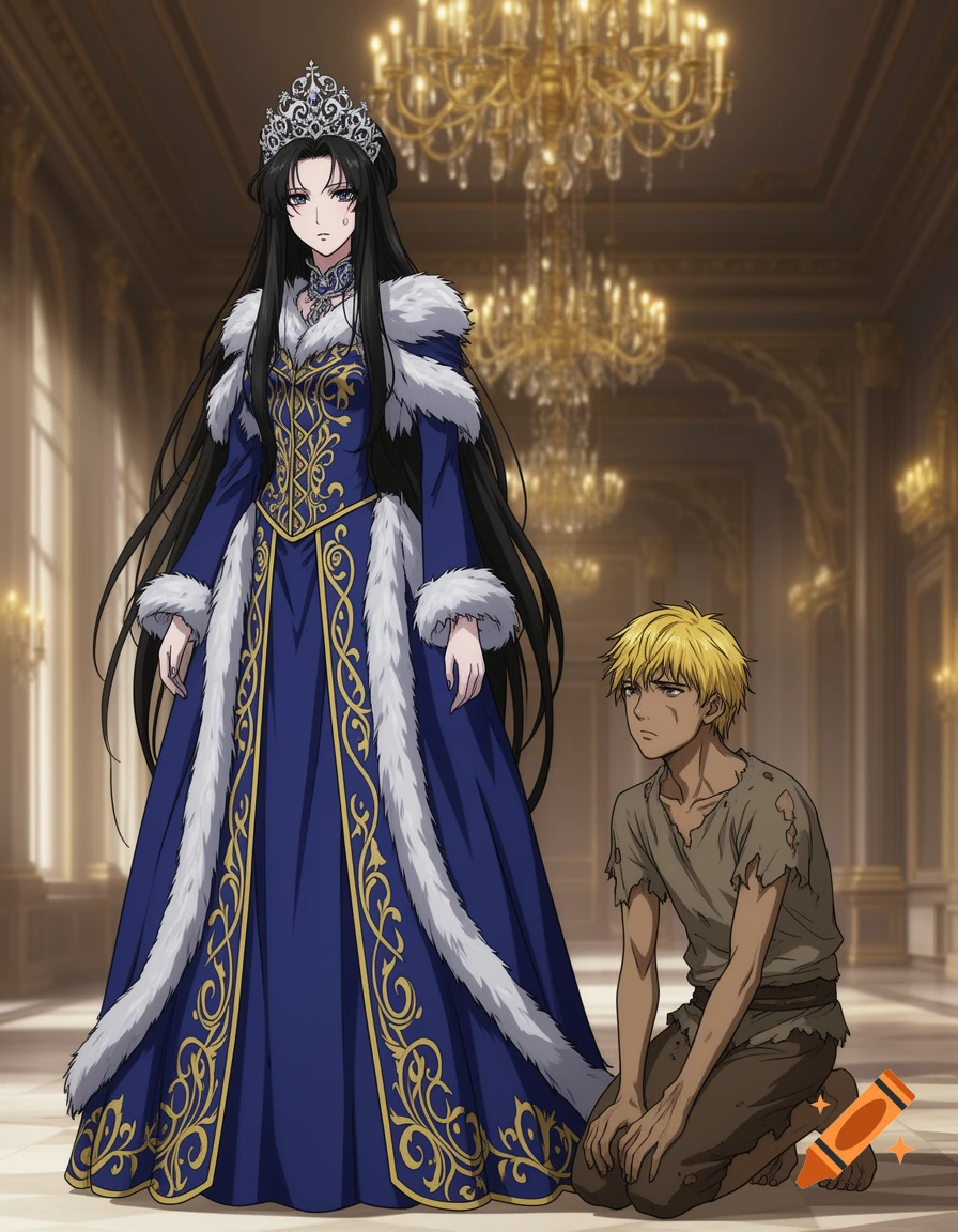 An anime queen in a blue fur gown and crown stands over a kneeling, ragged man in a grand hall.