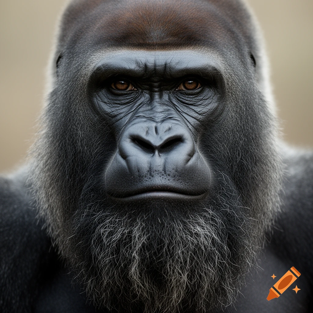 Close-up photorealistic portrait of a gorilla with a prominent white and black beard, staring intently.