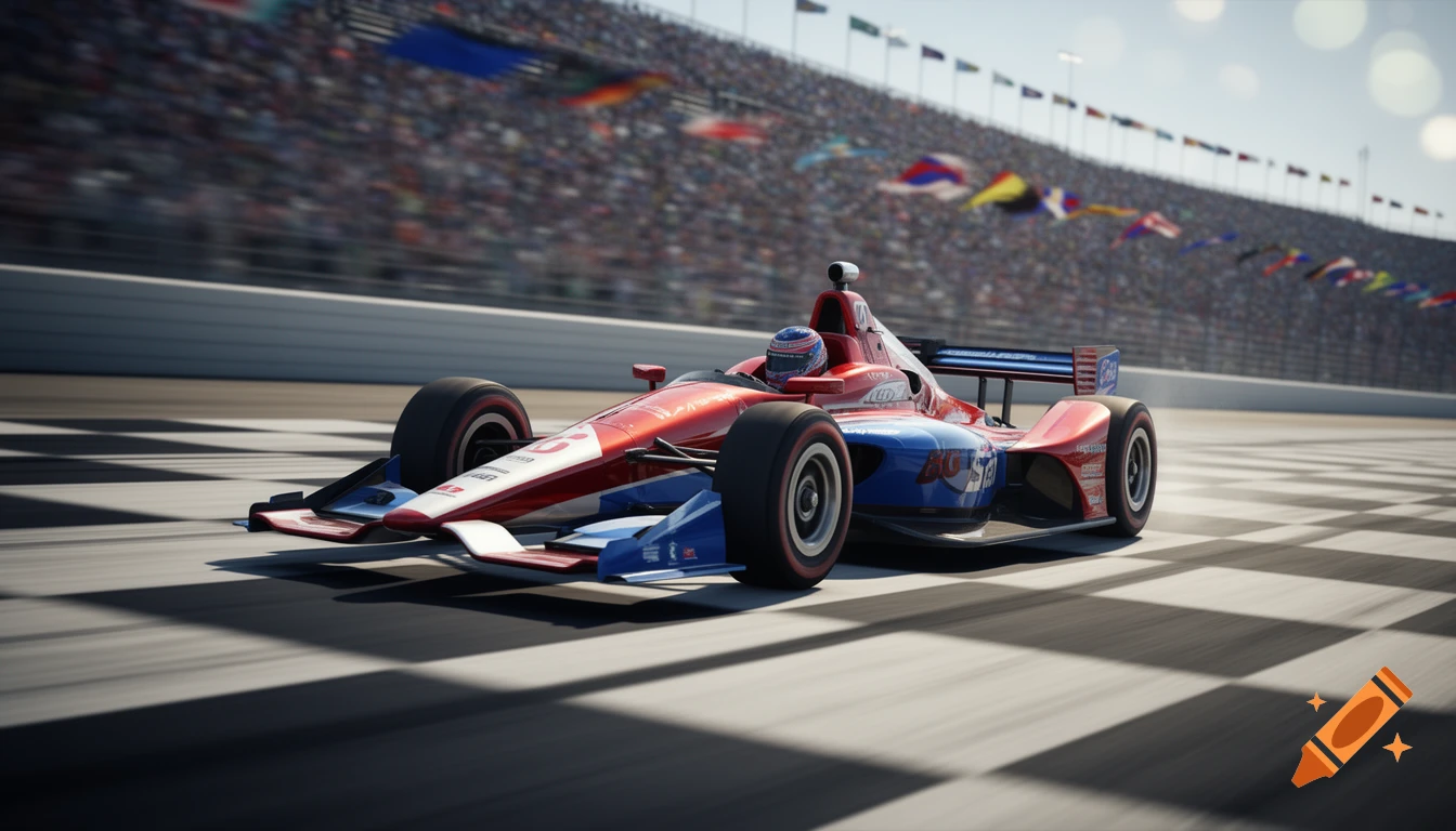 A red, white, and blue Indycar race car speeds on a checkerboard track with a blurred crowd and flags in the background, in a photorealistic style.