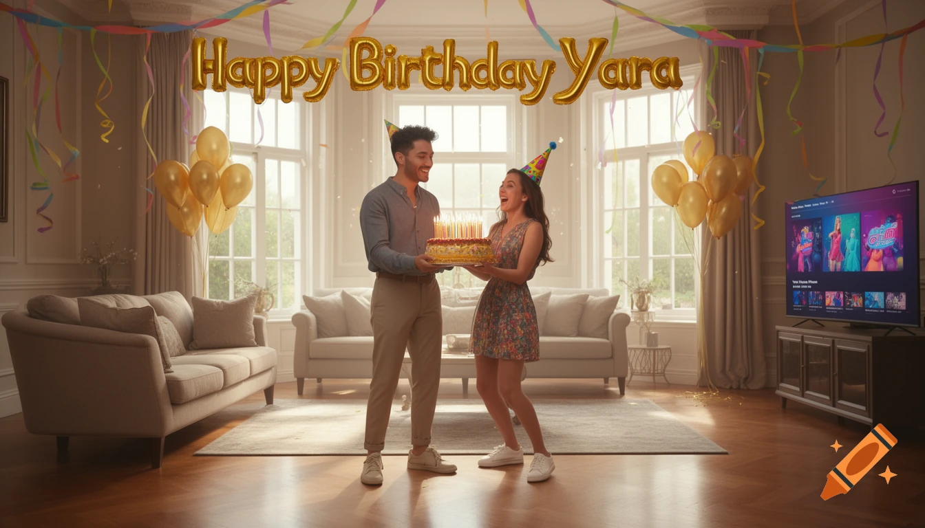 A man and a woman in party hats hold a birthday cake with candles, smiling in a decorated living room with "Happy Birthday Yara" balloons.