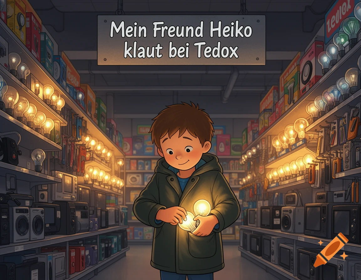 A smiling cartoon boy in a green jacket holds two lightbulbs in an electronics store, with a sign overhead reading, "Mein Freund Heiko klaut bei Tedox".