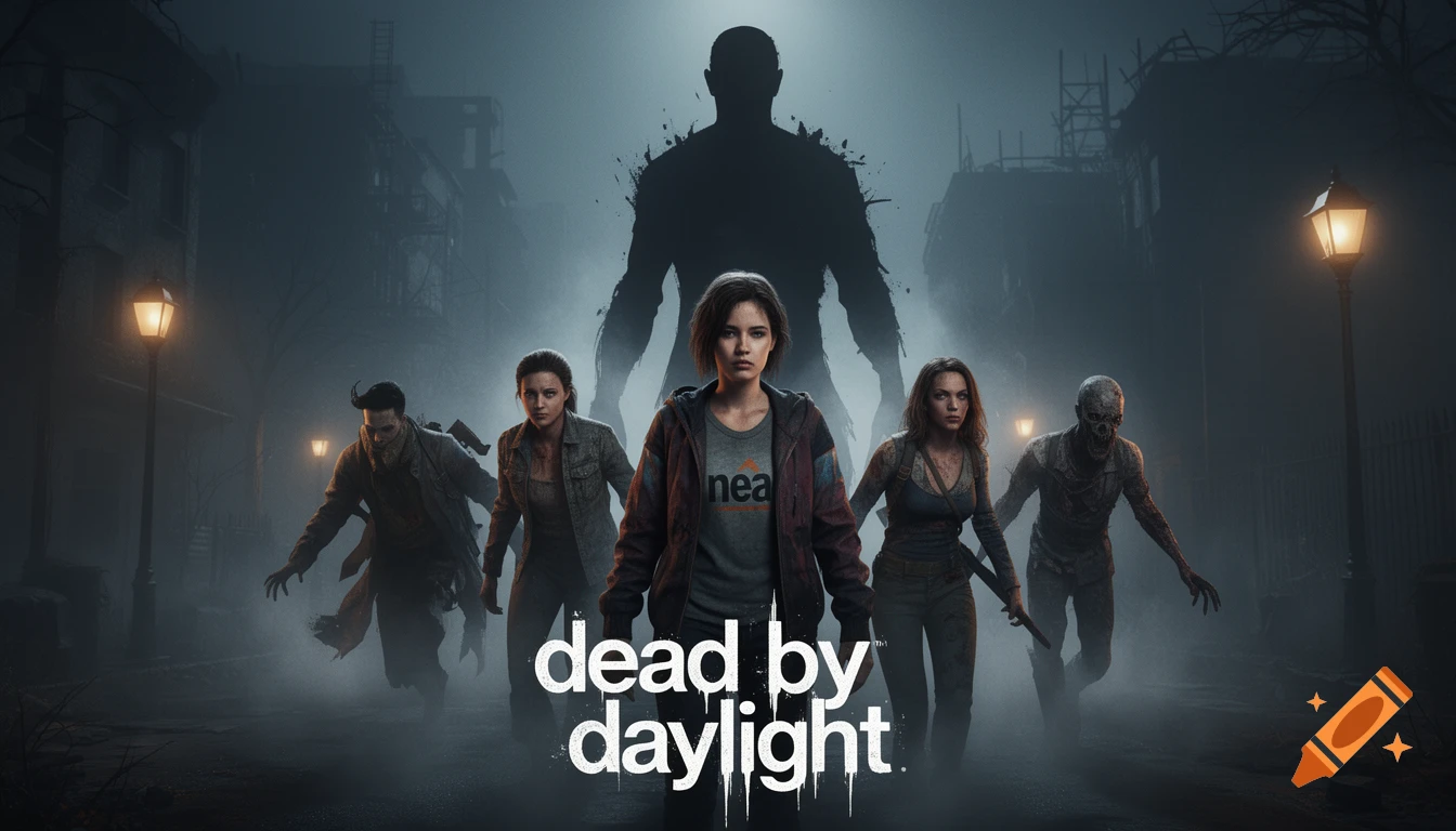 Five characters, including survivors and a monstrous killer, stand in a foggy, dark street. The text "dead by daylight" is at the bottom.