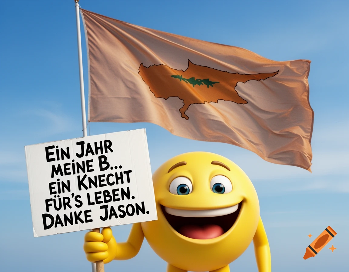 A smiling yellow emoji holds a sign that reads, "One year my B..., a servant for life. Thank you Jason." The Cyprus flag waves in the background under a blue sky.