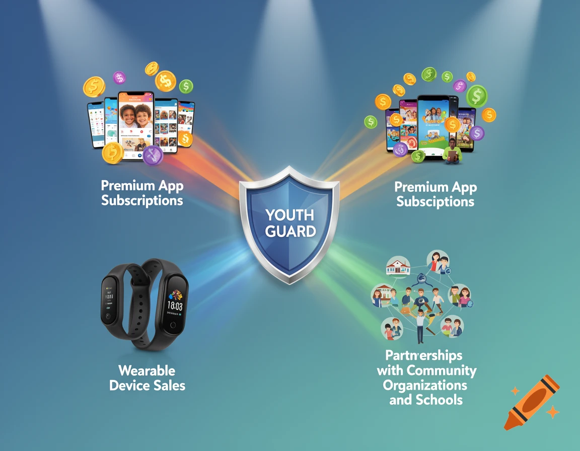 Infographic for Youth Guard showing revenue from app subscriptions, wearable device sales, and community partnerships.