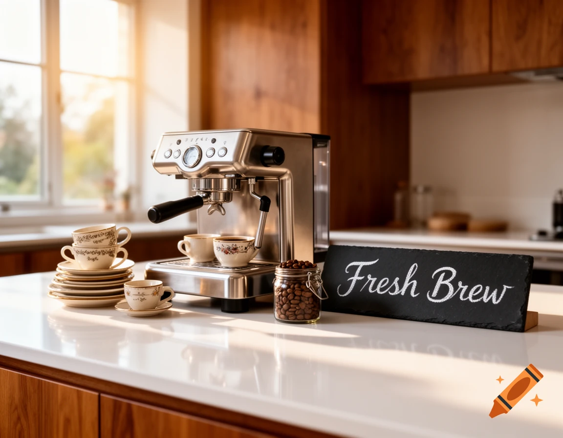 Photorealistic espresso machine with coffee cups, beans, and 'Fresh Brew' sign on a kitchen counter in sunlight.