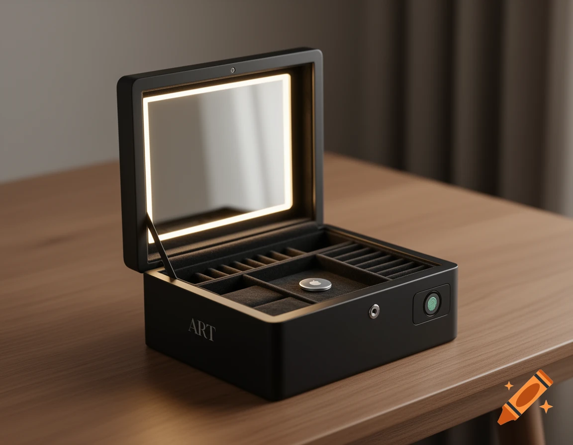 A sleek black smart jewelry box with an open lid revealing a lighted mirror, an AirTag slot, and a fingerprint scanner on a wooden table.