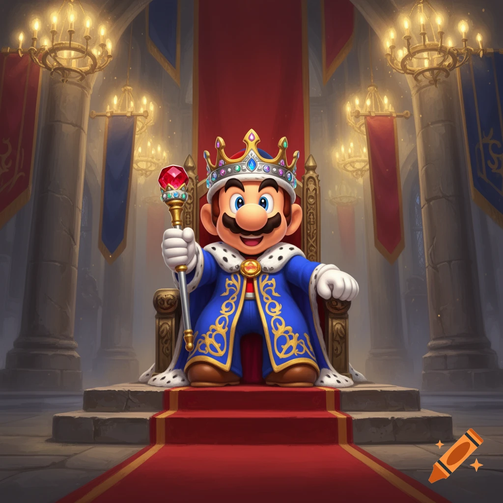 A cartoon king Mario sits on a grand throne in a royal hall, wearing a blue and gold robe, a jeweled crown, and holding a scepter.