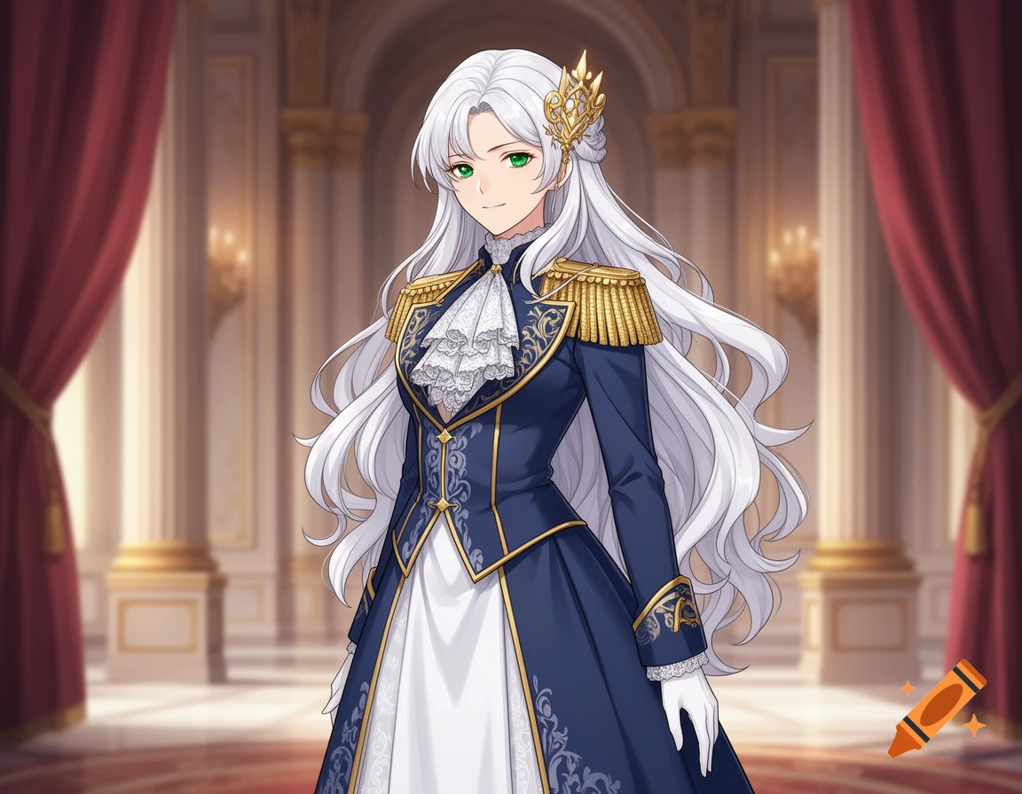 An anime woman with long white hair and green eyes, wearing a dark blue and gold royal uniform, stands in a grand palace hall.