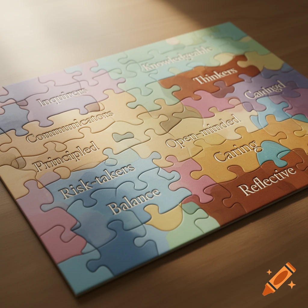 A pastel-colored jigsaw puzzle on a wooden table with words like 'Inquirers', 'Thinkers', and 'Reflective' embossed on its pieces.