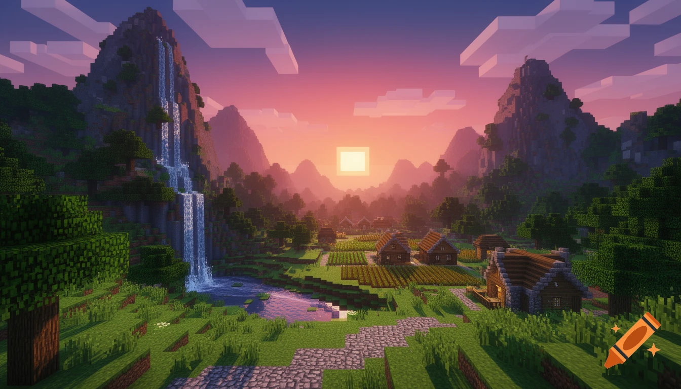A pixelated Minecraft-style landscape with a village, waterfall, and mountains under a vibrant sunset.