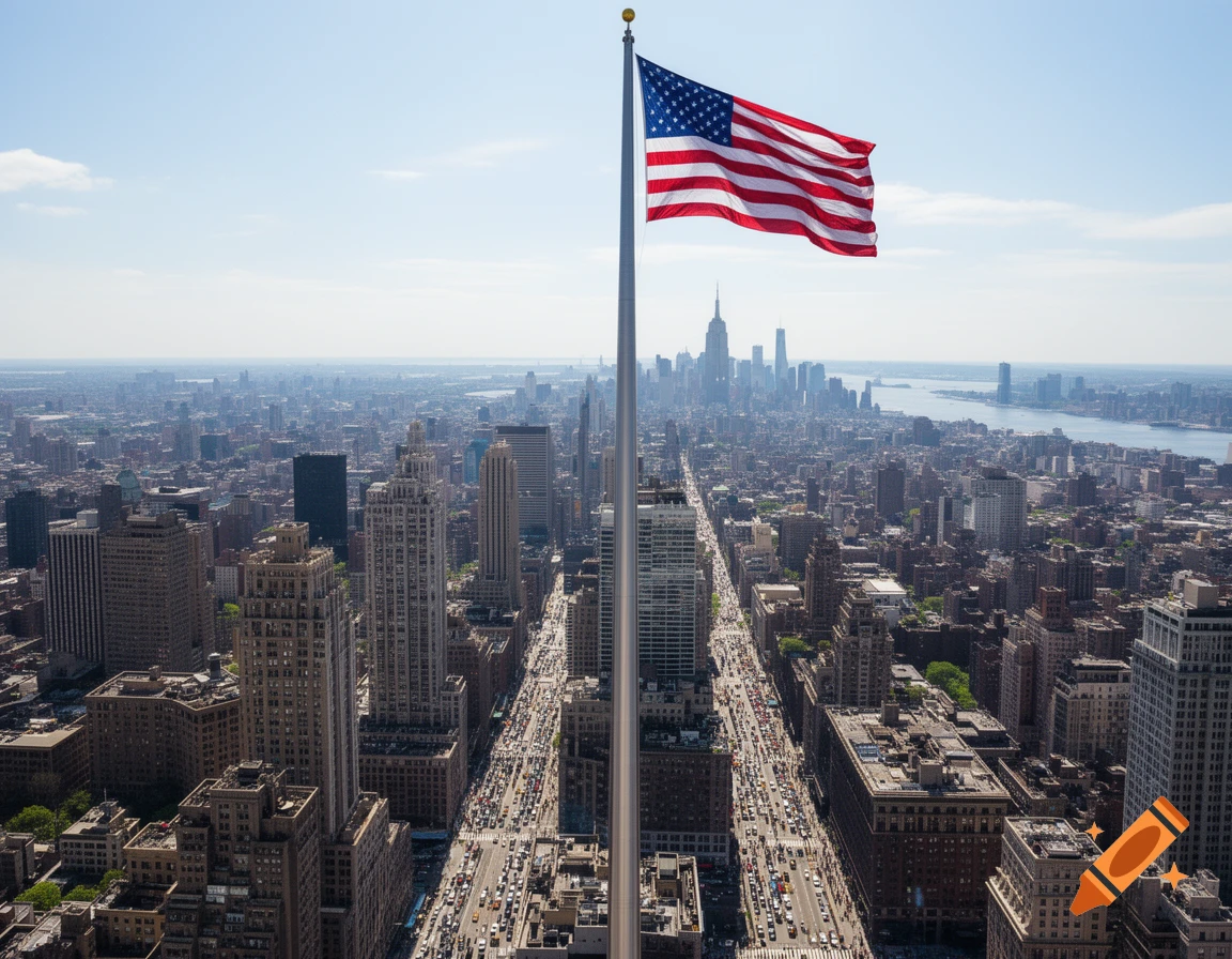 A giant American flag flies high on a flagpole over a photorealistic New York City skyline with a river in the distance.