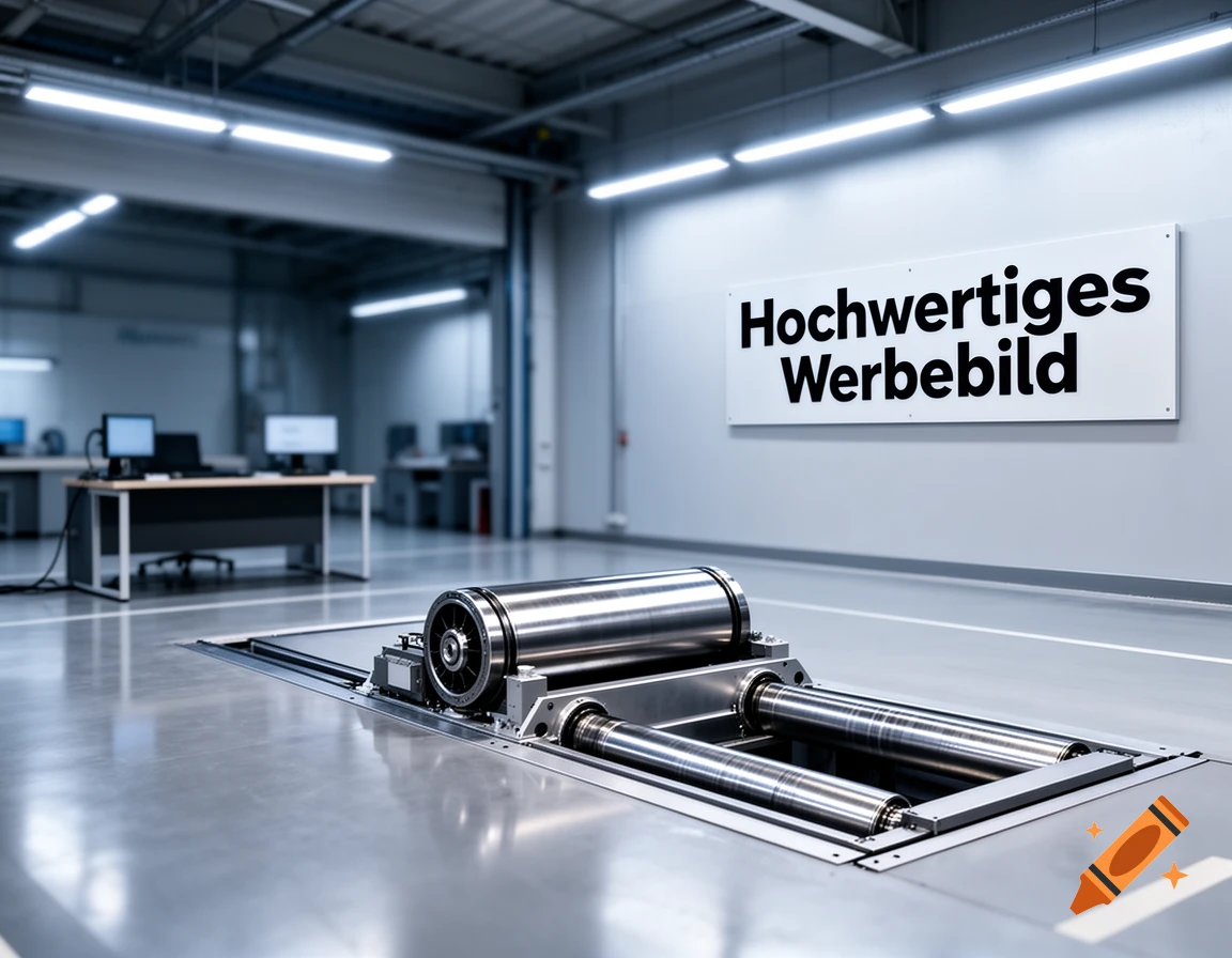 Photorealistic industrial hall with a car dynamometer and a sign reading 'Hochwertiges Werbebild'.