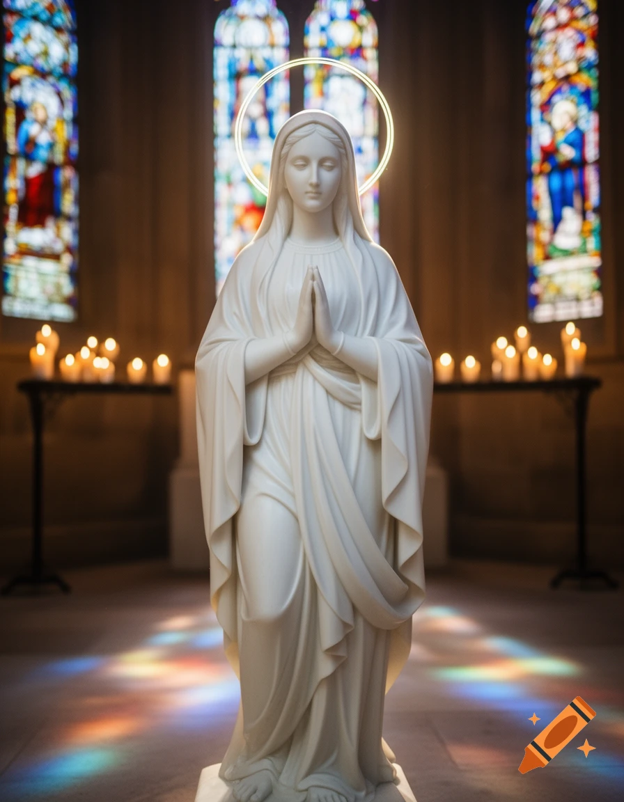 Photorealistic white marble statue of the Virgin Mary praying in a church with stained glass windows and candle light.