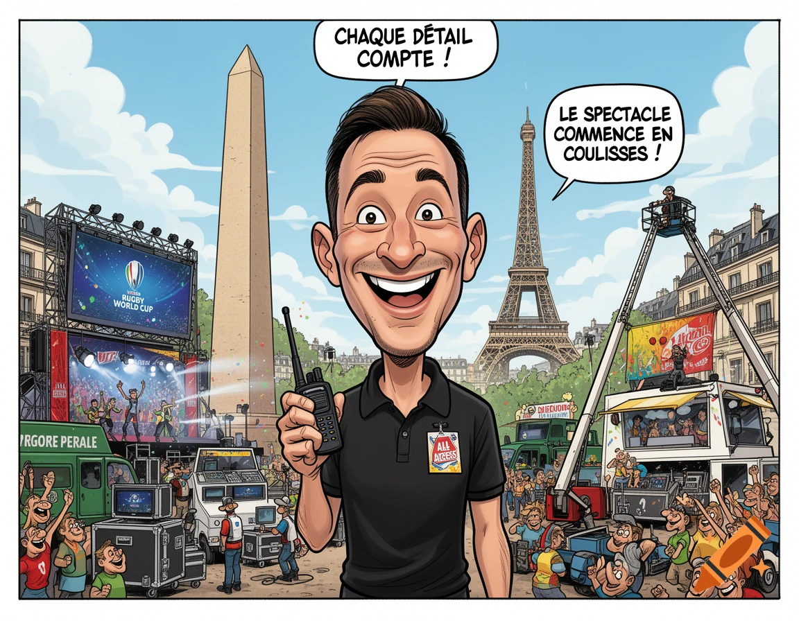 Comic illustration of a man with a large head, smiling and holding a walkie-talkie, in a bustling city square with the Eiffel Tower and Obelisk, a Rugby World Cup stage, and crowds.