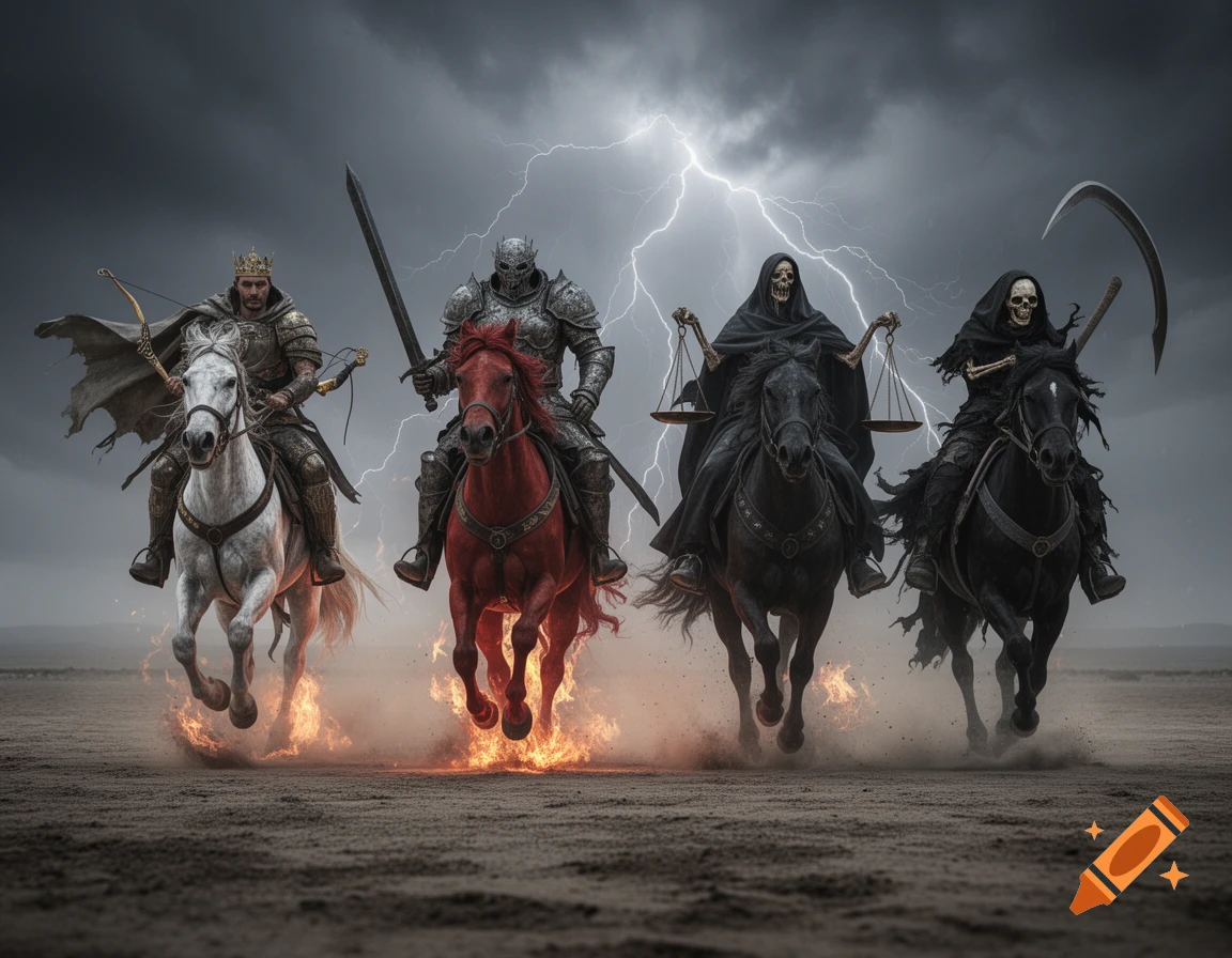 Four horsemen, including two skeletal figures, ride across a barren landscape under a lightning-filled sky with fire and smoke.