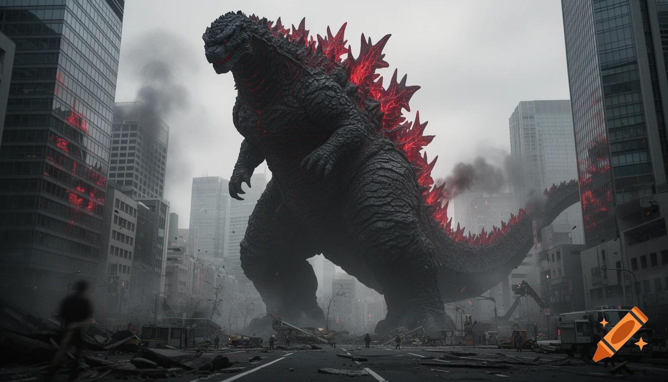 A massive, dark-scaled Godzilla with glowing red dorsal fins stands amidst a destroyed, smoke-filled city on a cloudy day.