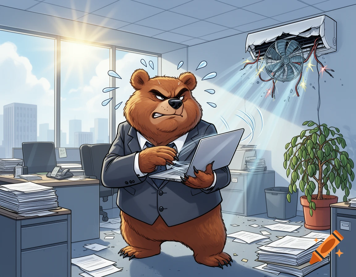 A grumpy cartoon bear in a business suit sweats in a hot office, fanning itself with a laptop as a broken AC unit sparks in the background.