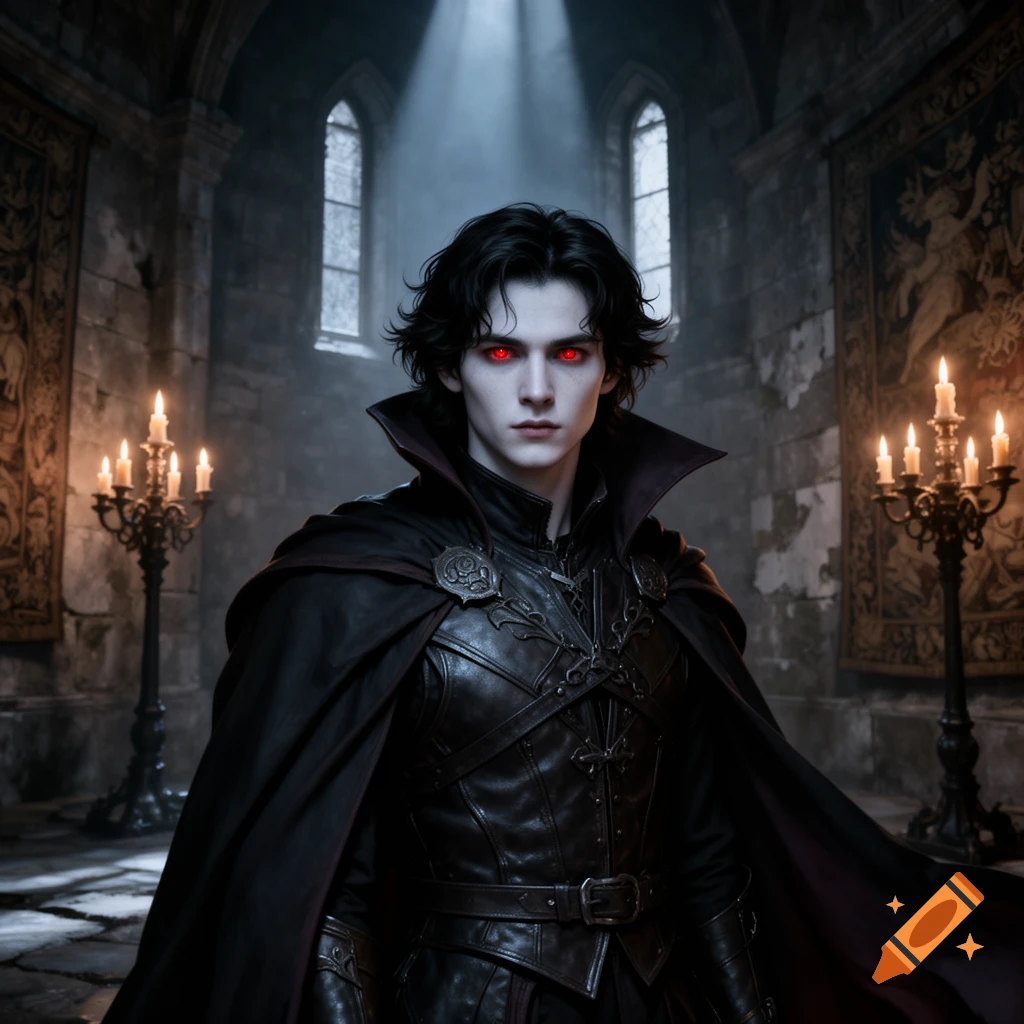 A pale-faced vampire with red glowing eyes and dark wavy hair, wearing a black leather outfit and cape, stands in a gothic hall lit by candles.